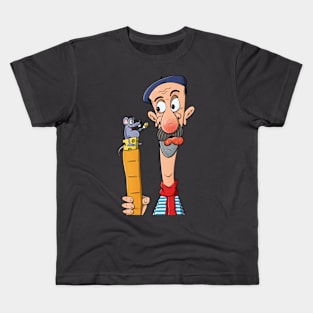 Frenchman with mouse, baguette and cheese - caricature Kids T-Shirt